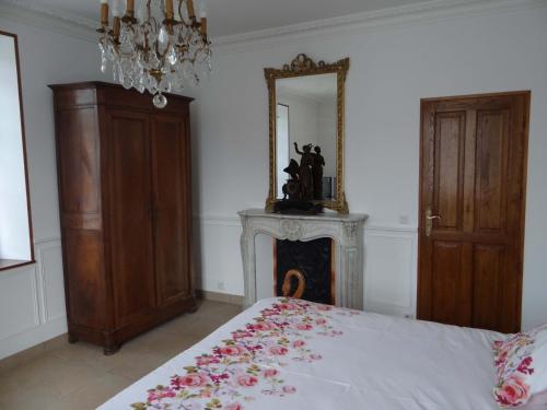 a bedroom with a bed with a dresser and a mirror at Domaine de La Bessade in Le Bugue