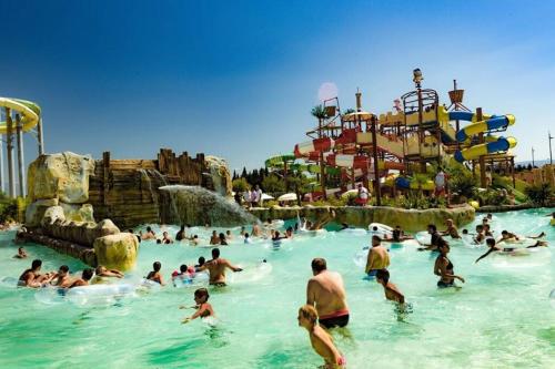 un groupe de personnes dans un parc aquatique dans l'établissement Vue panoramique sur le château,montagne et grottes, à Fontaine-de-Vaucluse