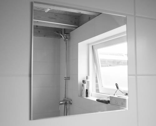 a mirror in a bathroom with a sink and a window at Tuinhuis in Lutjewinkel