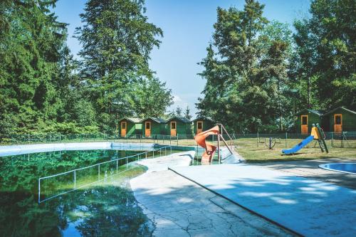 een zwembad met een glijbaan en een speeltuin bij Retro hotel Pod Zvičinou in Bílá Třemešná