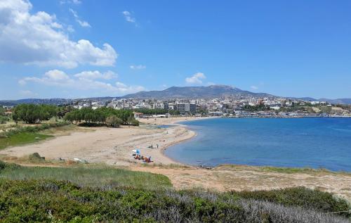 a view of a beach with a city in the background at Seaside Studio Meltemi in Rafina