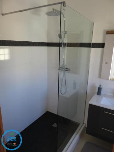 a shower with a glass door next to a sink at Encantador T1 praia Senhora da Rocha - Algarve in Porches