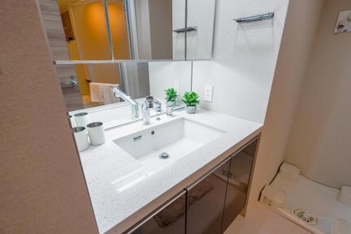 a bathroom with a white sink and a mirror at HIZ HOTEL Ginza in Tokyo