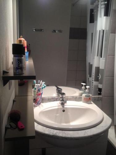 une salle de bain avec un lavabo blanc et un miroir dans l'établissement CHALET DE BOIS MEAN, aux Orres