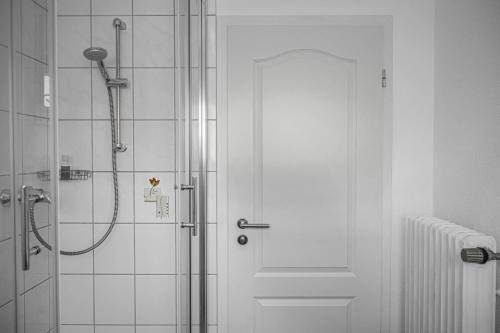 baño con ducha y puerta de cristal en Ferienwohnungen Uhldinger Nest, en Uhldingen-Mühlhofen