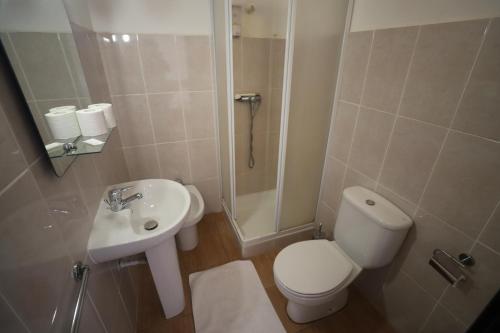 uma casa de banho com um WC, um lavatório e um chuveiro em Resedencial centro em Vimioso