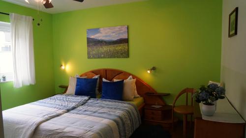 a green bedroom with a bed with blue pillows at AlpenSportLodge in Altenmarkt im Pongau