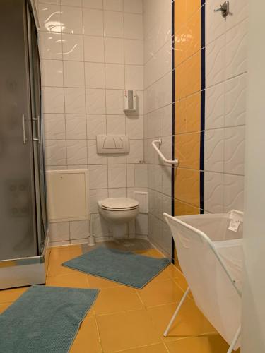 a small bathroom with a toilet and a shower at Yacht Club Apartamenty in Radzyń