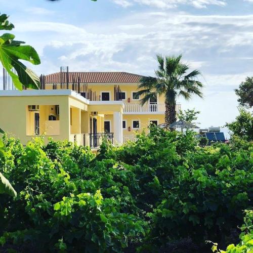 a yellow house with a palm tree in front of it at Beach House I&II in Alykes
