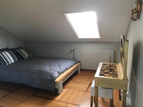 ニヨンにあるLac et Mont-Blancのベッドルーム1室(ベッド1台、天窓、テーブル付)