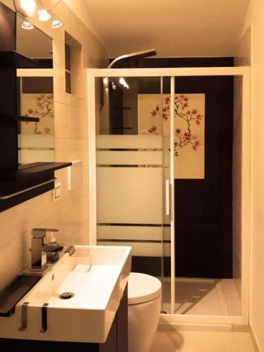 a bathroom with a shower and a toilet and a sink at Villa Belohorizonte in Macerata
