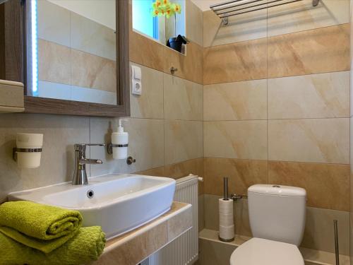 łazienka z umywalką i toaletą w obiekcie Armada Prémium Apartman w Hajduszoboszlo
