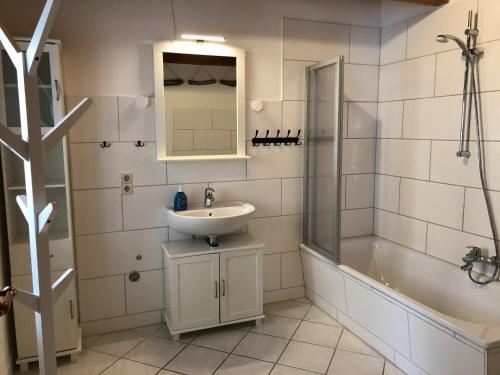 a bathroom with a sink and a shower and a tub at Landhaus Habernis in Steinberg