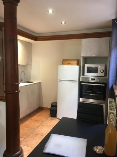 uma cozinha com um frigorífico branco e um micro-ondas em Apartment Cali Elina em Riquewihr