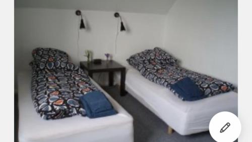 two beds in a room with a small table at Bed & Bath tæt på Nationalpark Vadehavet in Ribe
