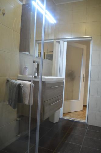 ein Bad mit einem Waschbecken und einem Spiegel in der Unterkunft Ferienhaus Lisa in Mörbisch am See