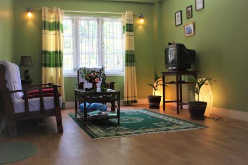 sala de estar con paredes verdes y TV en KAJI HOME, en Pātan