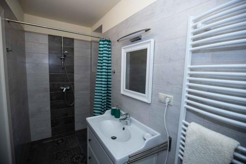 uma casa de banho com um lavatório e um chuveiro em Apartmán Schindlerka em Banská Štiavnica