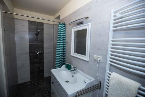 a bathroom with a sink and a shower at Apartmán Schindlerka in Banská Štiavnica