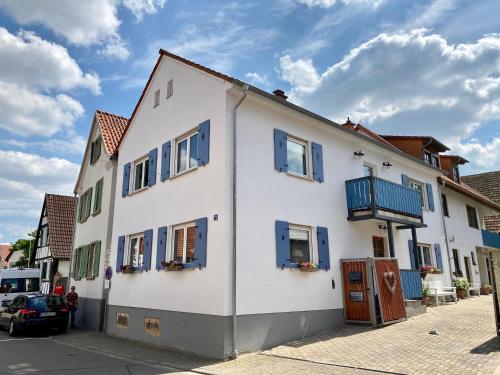 a white building with blue shutters on a street at Gästehaus Sellemols Ferienhaus Winzer in Heuchelheim-Klingen