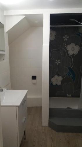 a kitchen with a sink and a wall with clouds at Appartement Meublé Type T2 in Metz