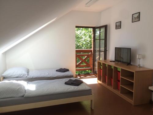 1 Schlafzimmer mit 2 Betten, einem TV und einer Tür in der Unterkunft Ekomarina - Pokój noclegowy 2 in Angerburg
