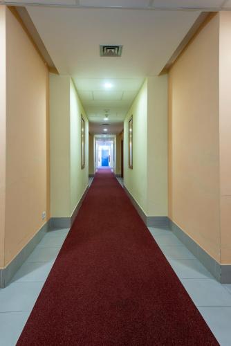 a corridor with a red carpet in a hallway at Amazonia Palmela Apartamentos Turisticos in Palmela