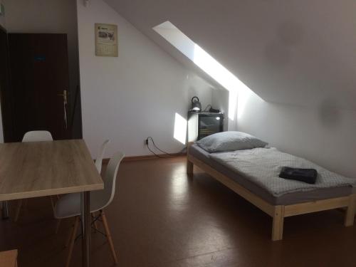 a small bedroom with a bed and a table at Ekomarina - Pokój noclegowy 2 in Węgorzewo