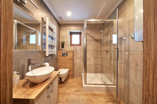 ザコパネにあるApartament Parzenica Zakopaneのバスルーム(洗面台、ガラス張りのシャワー付)