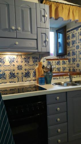 a kitchen with blue and white wallpaper and a sink at La Casita del Tejo in Hervás