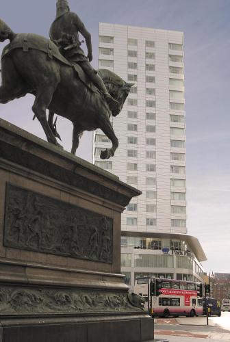 a statue of a man riding a horse in a city at Park Plaza Leeds in Leeds