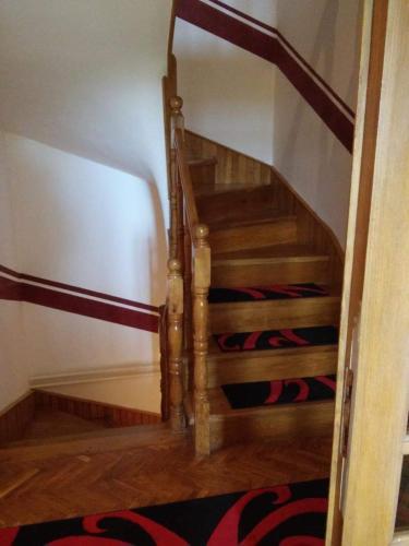 a wooden spiral staircase in a room with wood floors at VILA PEKEČ in Mala Moštanica