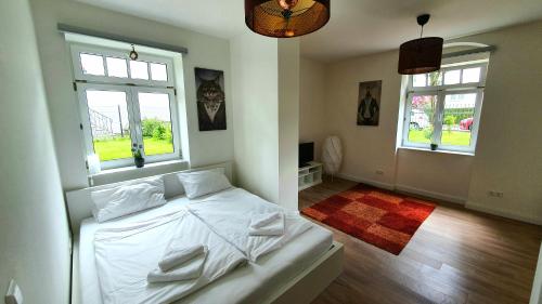 1 dormitorio con 1 cama blanca y 2 ventanas en Pineapple Apartments Dresdner Heide mit Garten, en Dresden