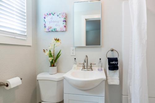 a bathroom with a sink and a toilet and a mirror at @ Marbella Lane Mini Guest House in Downtown San Jose in San Jose