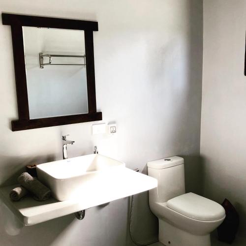 a bathroom with a sink and a toilet and a mirror at Parrots Boutique Resort in San Vicente