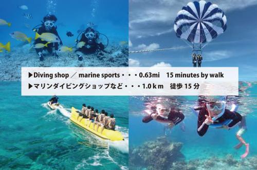 a collage of photos of people in the water and a boat at Irie House Fuchaku in Onna