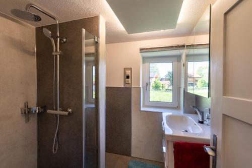 ein Bad mit einer Dusche und einem Waschbecken in der Unterkunft Ferienwohnung "Florin" in Ofterschwang