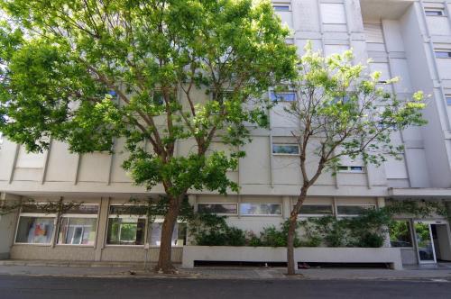 two trees in front of a building at Hotel Mistral in Oristano