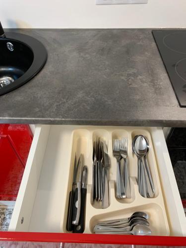 a drawer with silver utensils in a sink at Vila Laurus in Palanga