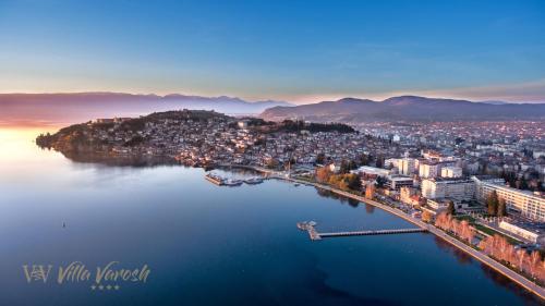 an aerial view of a city and a large body of water at Villa Varosh in Ohrid