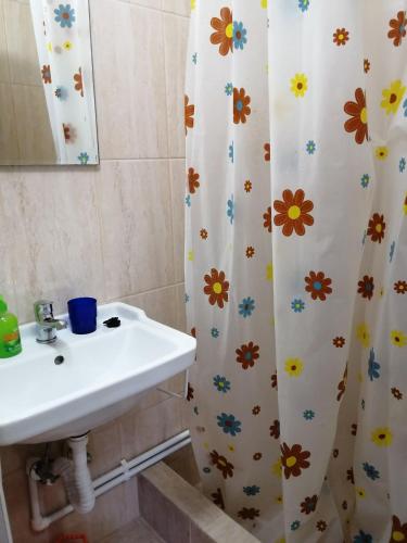 a bathroom with a sink and a shower curtain with flowers at Vila MariCris in Tuzla