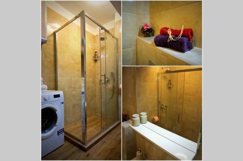 a bathroom with a shower and a washing machine at Lacroma Apartment in Dubrovnik