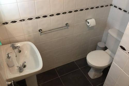 a bathroom with a white toilet and a sink at Waterfront apartment completely refurbished in Westport