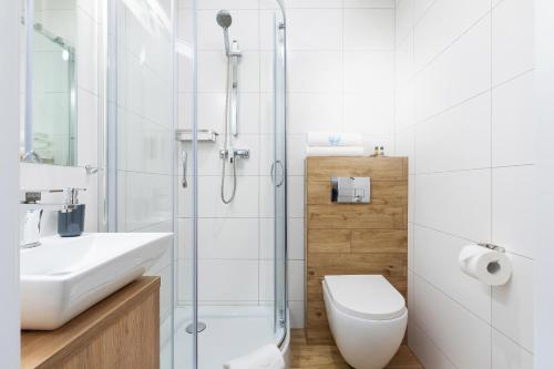 a bathroom with a shower and a sink and a toilet at Morska 5 in Niechorze