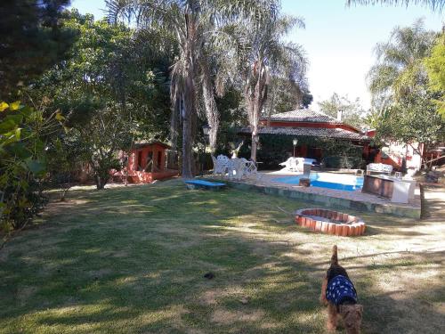 a person standing in front of a yard with a pool at CHEZ ALE in Bragança Paulista