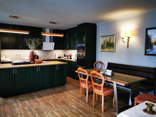 a kitchen with green cabinets and a table and chairs at Hotel Goldene Krone in Mistelbach