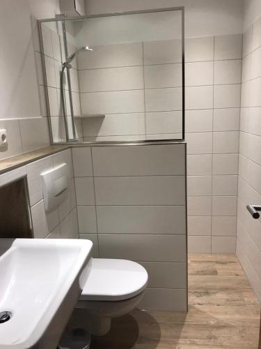 a bathroom with a toilet and a sink at Haus Kretschmar in Böhl