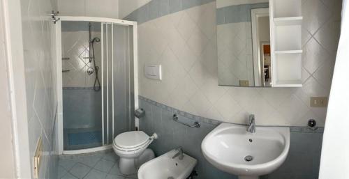 a bathroom with a sink and a toilet and a shower at La casina dell'Annetta in Lido di Camaiore