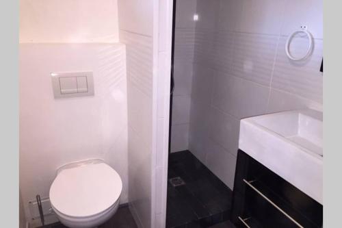 une salle de bain blanche avec des toilettes et un lavabo dans l'établissement 2 chambres, Résidence avec Piscine, 100 mètres de la mer, à Argelès-sur-Mer