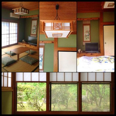 a collage of four pictures of a room with a bedroom at Stay Nikko Guesthouse in Nikko